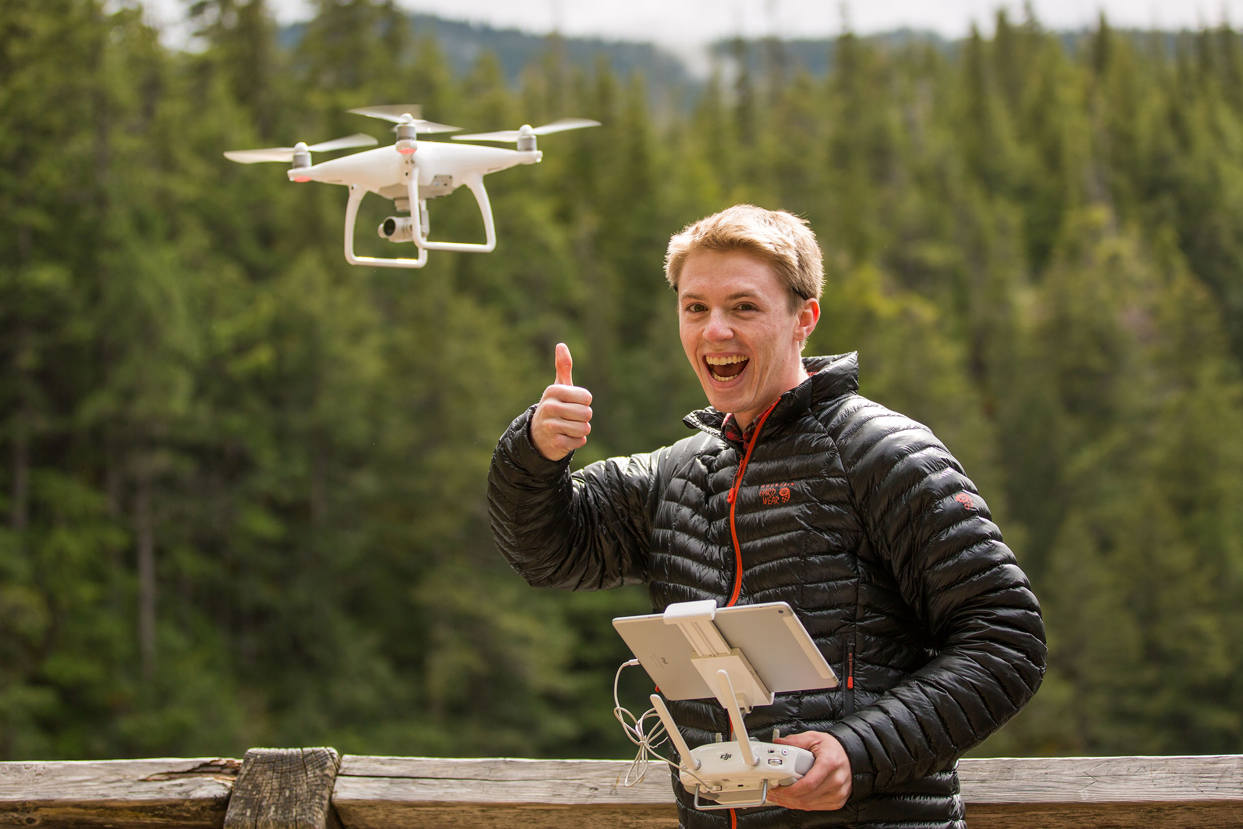Brody Swisher gives the thumbs up while out flying his drone at Salt Creek Falls, Oregon during the Spring of 2016.
